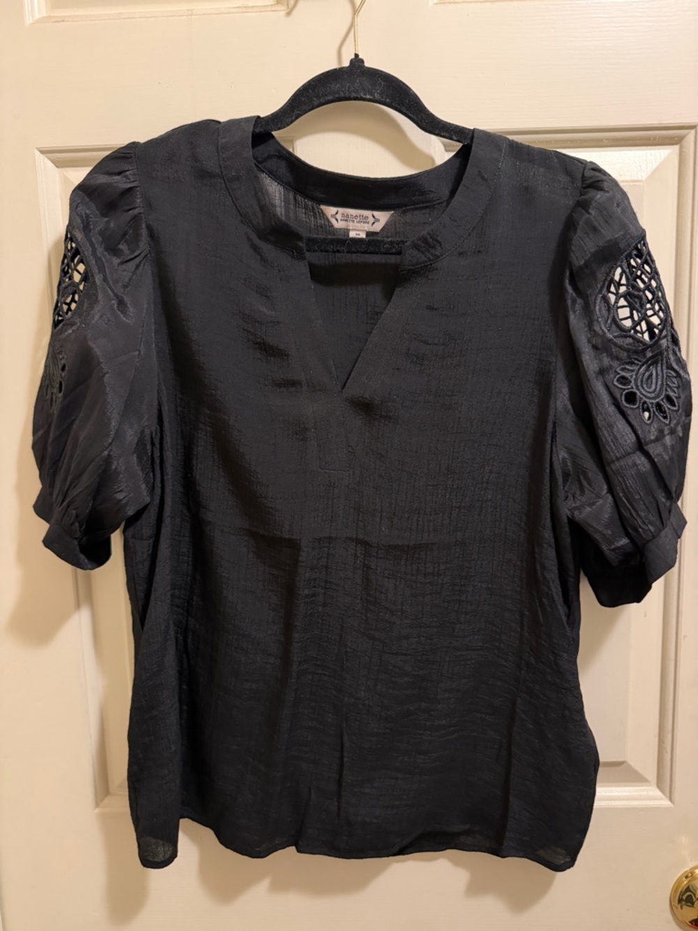 Nanette Lepore Black Puff Sleeve Eyelet Blouse